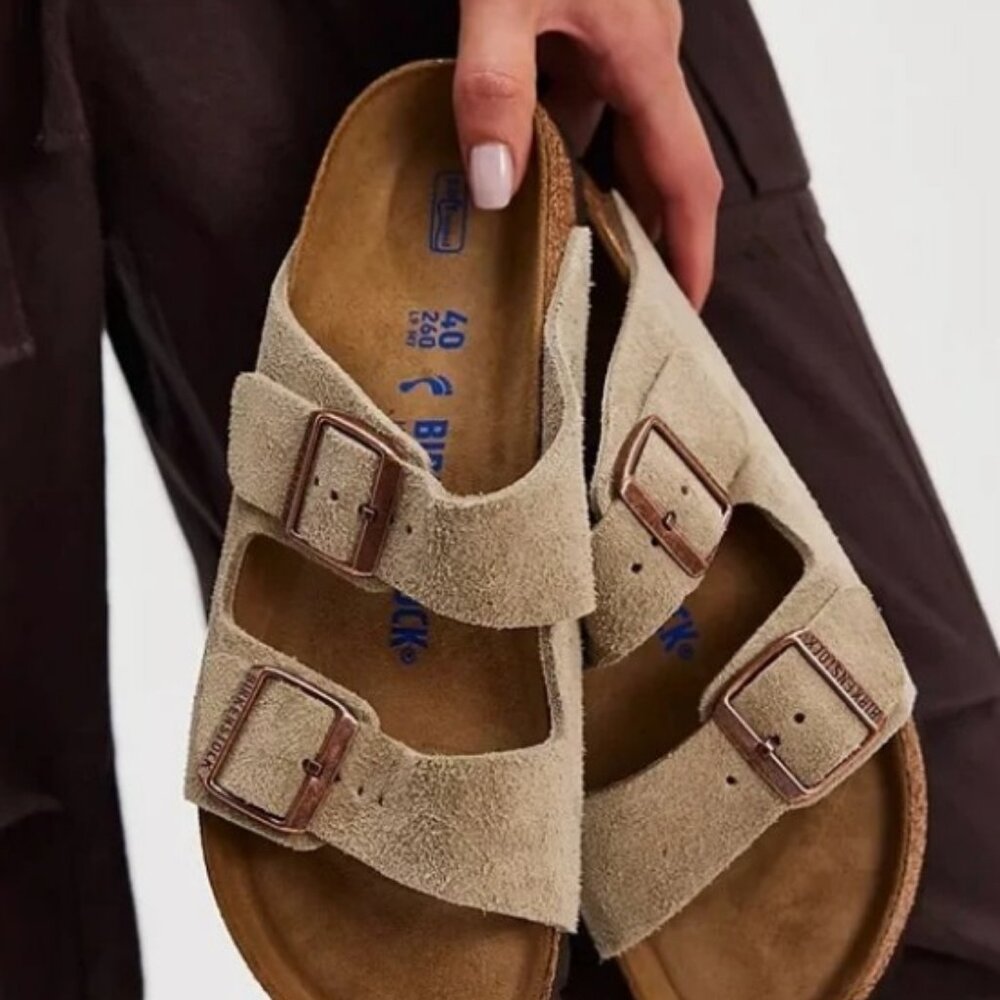 BIRKENSTOCK Women’s Size 39 / 8-8.5 Arizona Taupe Suede 2 Strap Cork Sandals - Picture 2 of 15